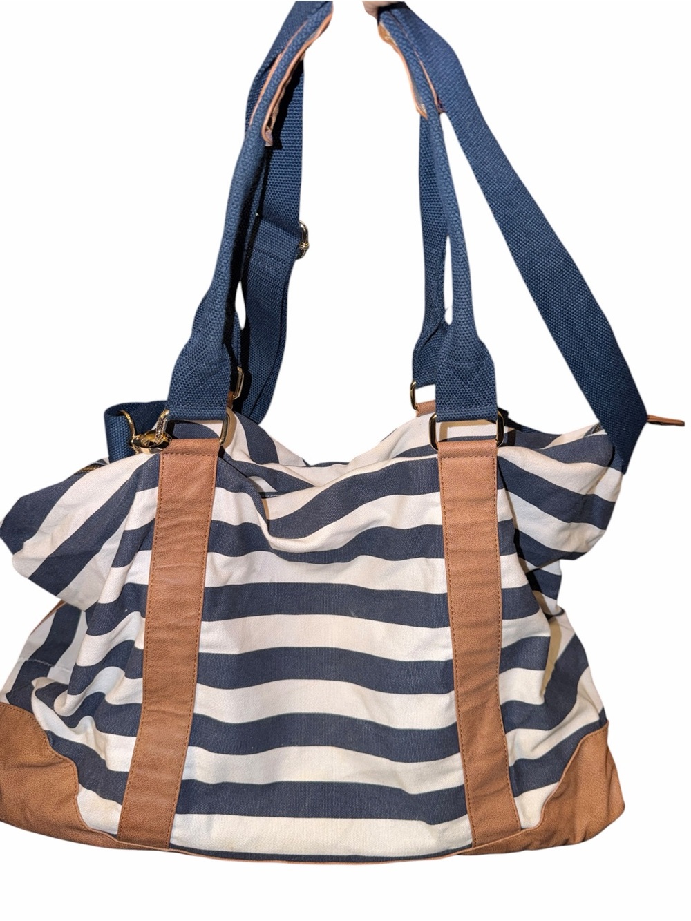 Striped Navy and White Canvas Tote with Tan Accents
